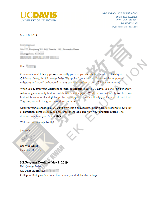 恭喜K同学获得加州大学戴维斯分校录取！