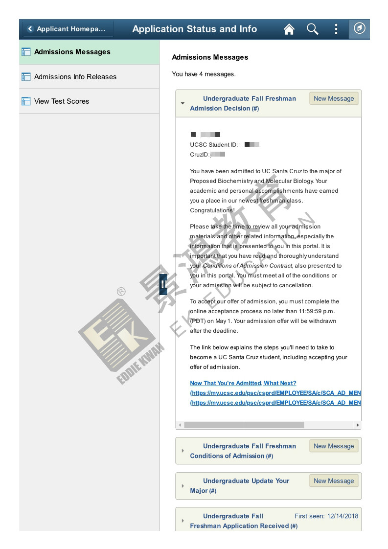 恭喜L同学获美国加州大学圣克鲁兹分校录取