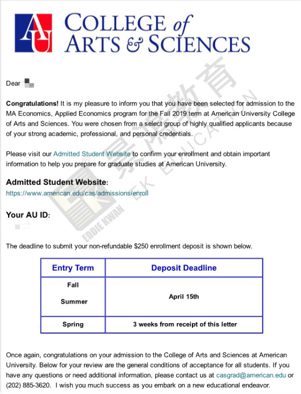 捷报 | 恭喜Y同学被美利坚大学录取