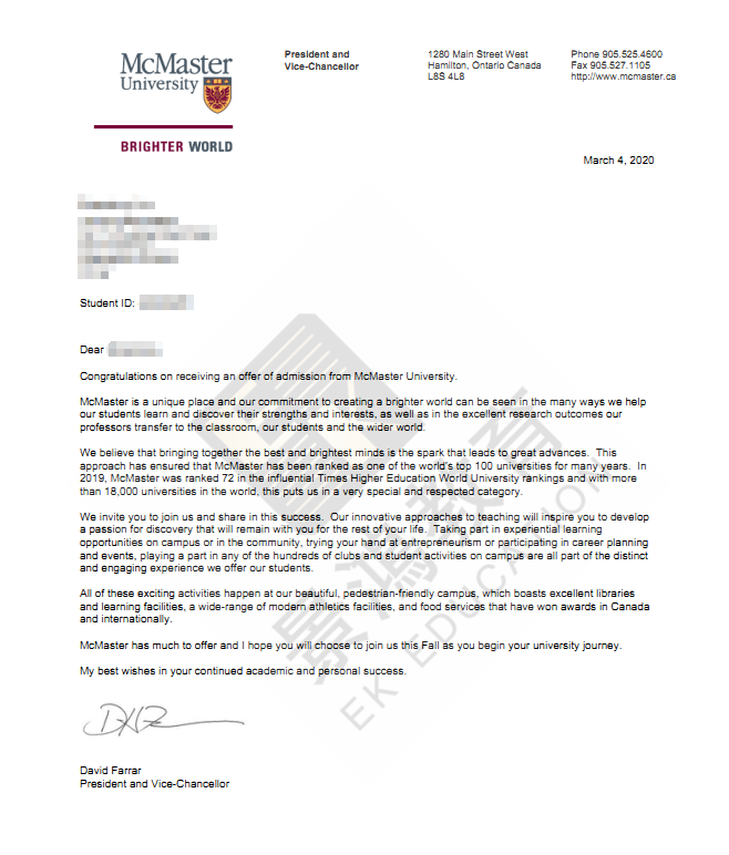 恭喜L同学获加拿大麦克马斯特大学录取