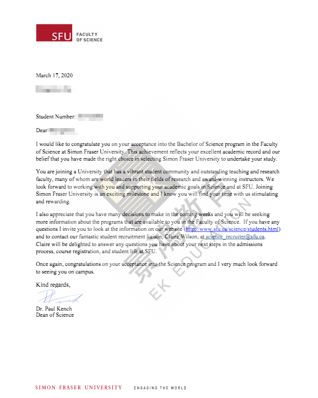 恭喜C同学获加拿大西门菲莎大学本科录取！