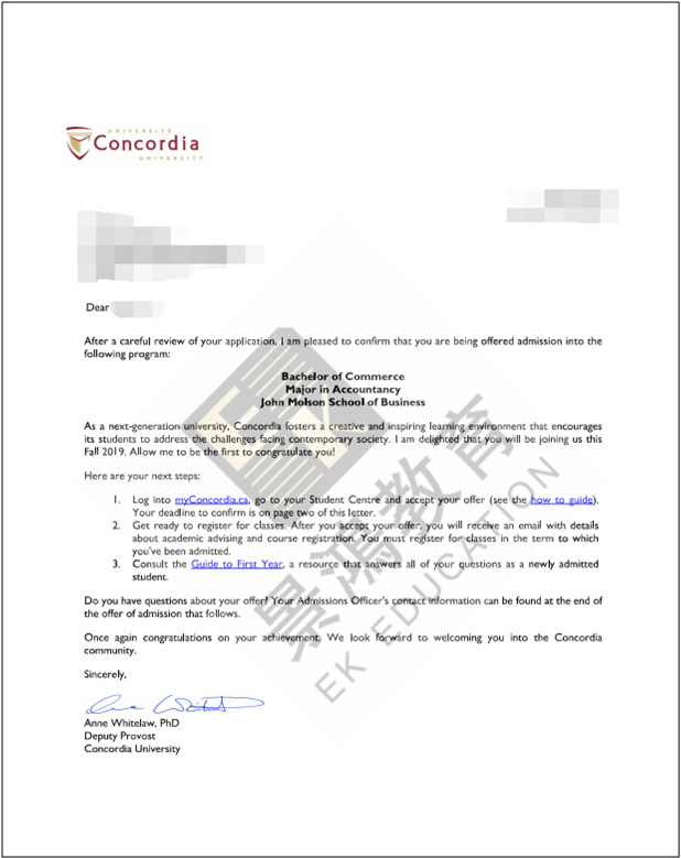 恭喜L同学成功被加拿大康考迪亚大学国际商务本