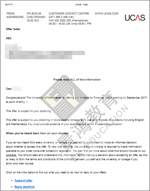 恭喜N同学获得University of Manchester的offer！