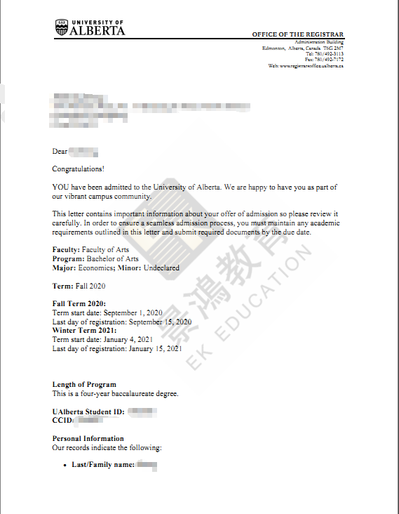 恭喜J同学获得加拿大阿尔伯塔大学录取！