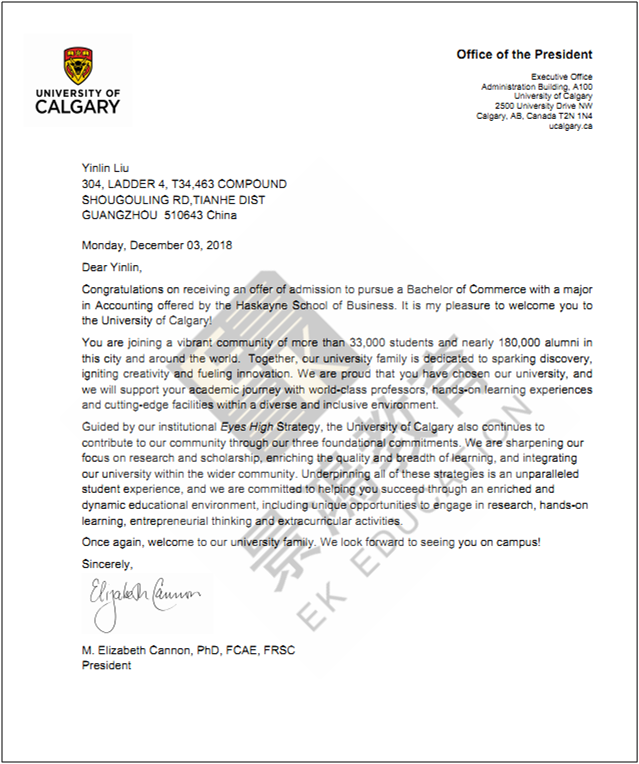 恭喜H同学获得加拿大卡尔加里大学录取！