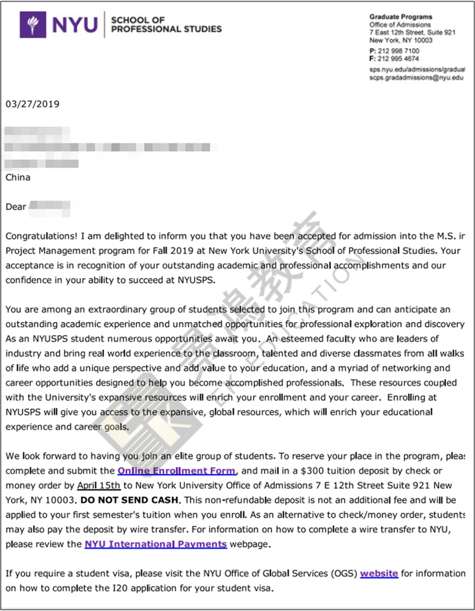 恭喜B同学获得美国纽约大学的录取！