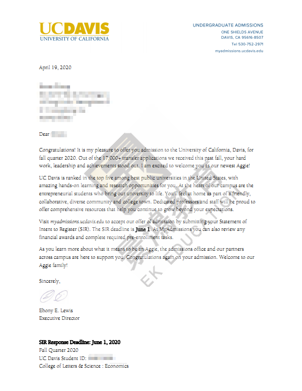 恭喜J同学获得加州大学戴维斯分校录取！