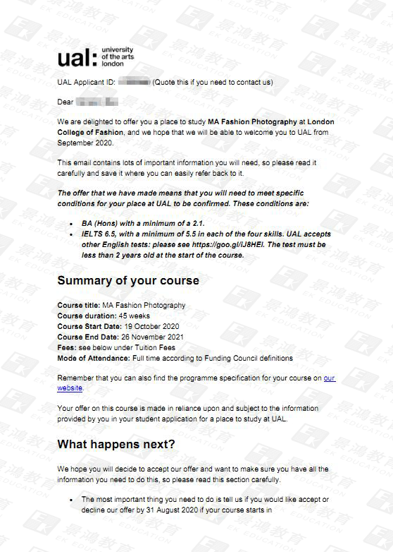 恭喜Y同学获全球世界顶尖艺术院校·伦敦艺术大学录取