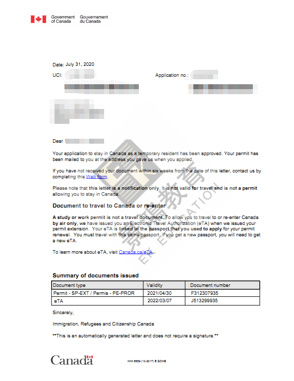 恭喜W女士通过加拿大PEQ项目获得学签！